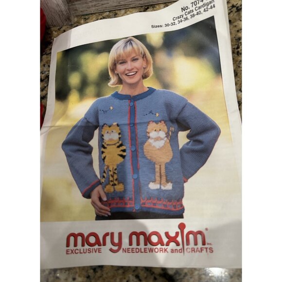 Mary Maxim Crazy Cats Cardigan Knitting Pattern No. 7074-5N & Various Skeins - Picture 2 of 7